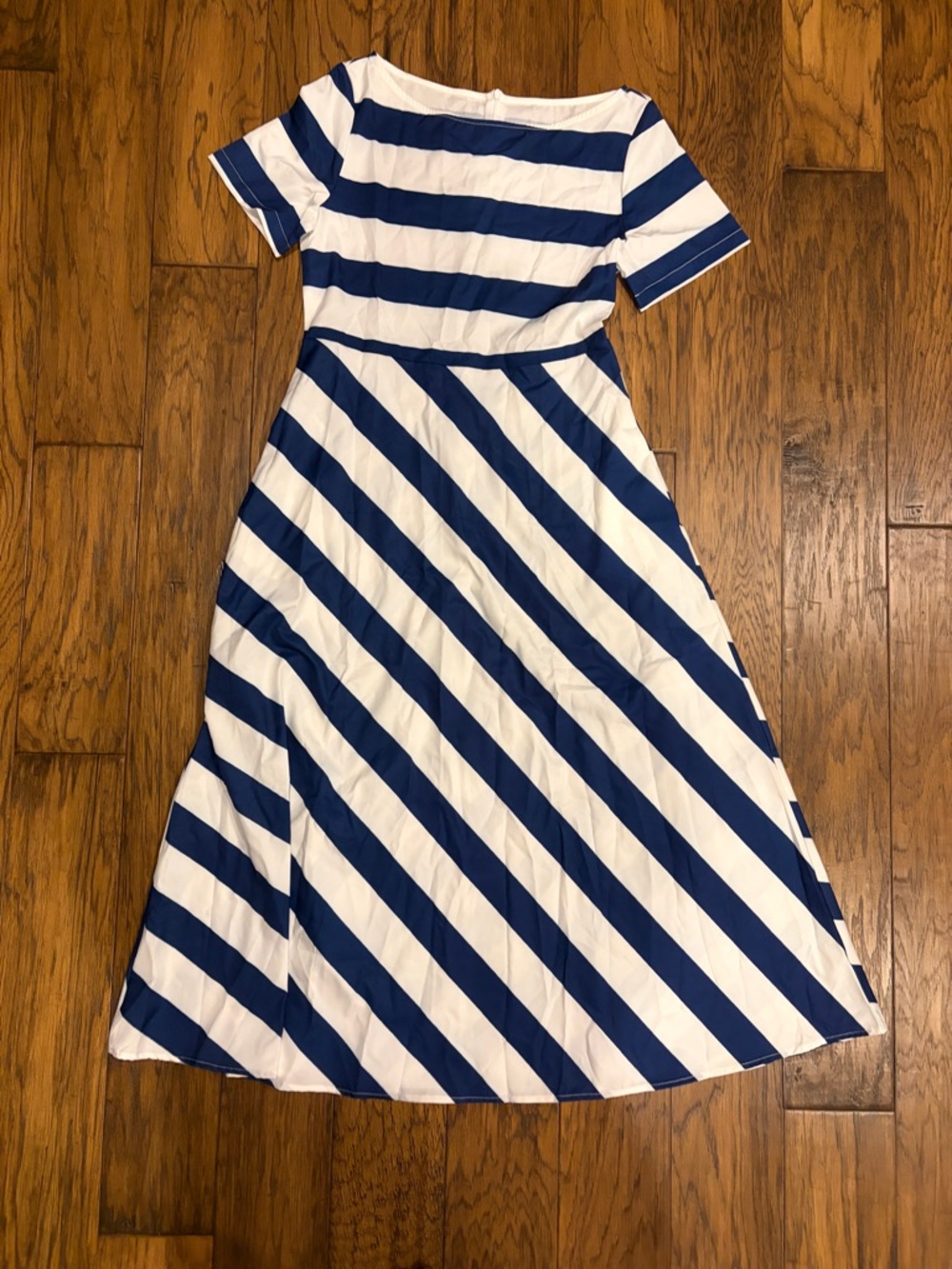 Asymmetrical Navy and White Striped Midi Dress